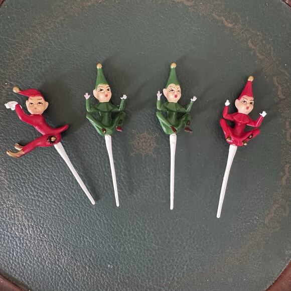 Vintage Green & Red 4 Pixie Elf w/ Ladybug Climber Cake Topper Picks Christmas - Picture 2 of 16